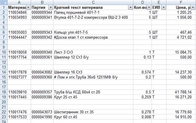 добавление пустых строк в Excel