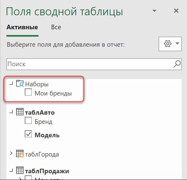 Созданные наборы в панели полей сводной таблицы